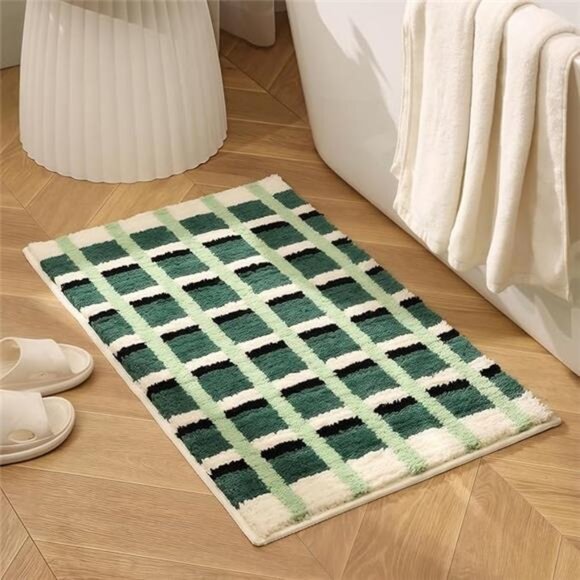 GIB Dark Green Checkered Bathroom Rug Mat 24" x 16", Extra Soft Absorbent - Picture 7 of 7